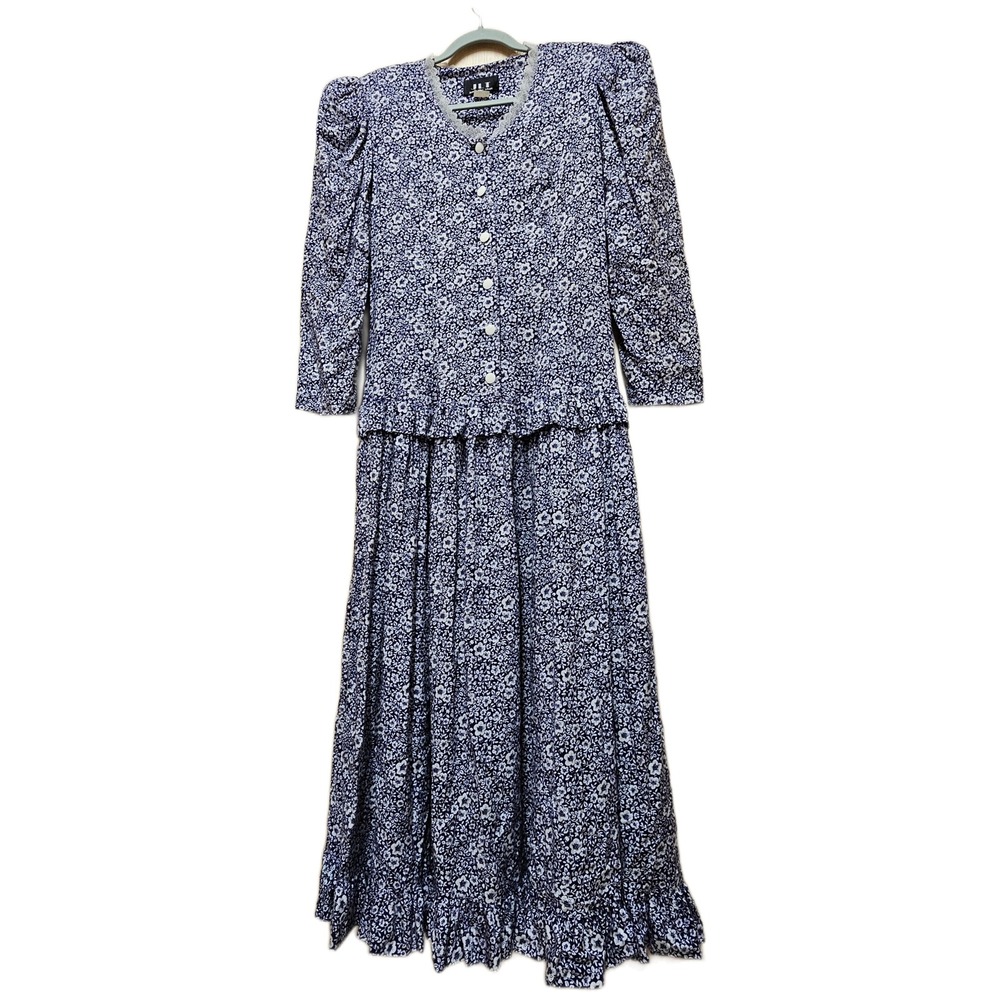 Vintage 80s 90s JLT Just Like That Blue/White Floral Ankle Length Dress Size 12